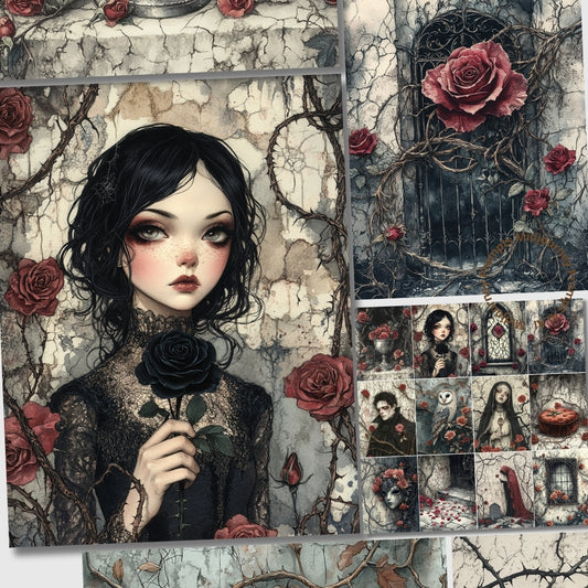 Artistic illustration of a woman holding a black rose with floral and gothic elements.