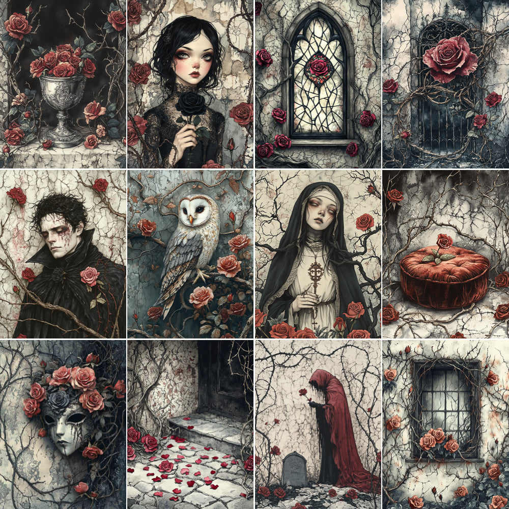 Collage of gothic-themed illustrations featuring dark tones, roses, and architectural elements.