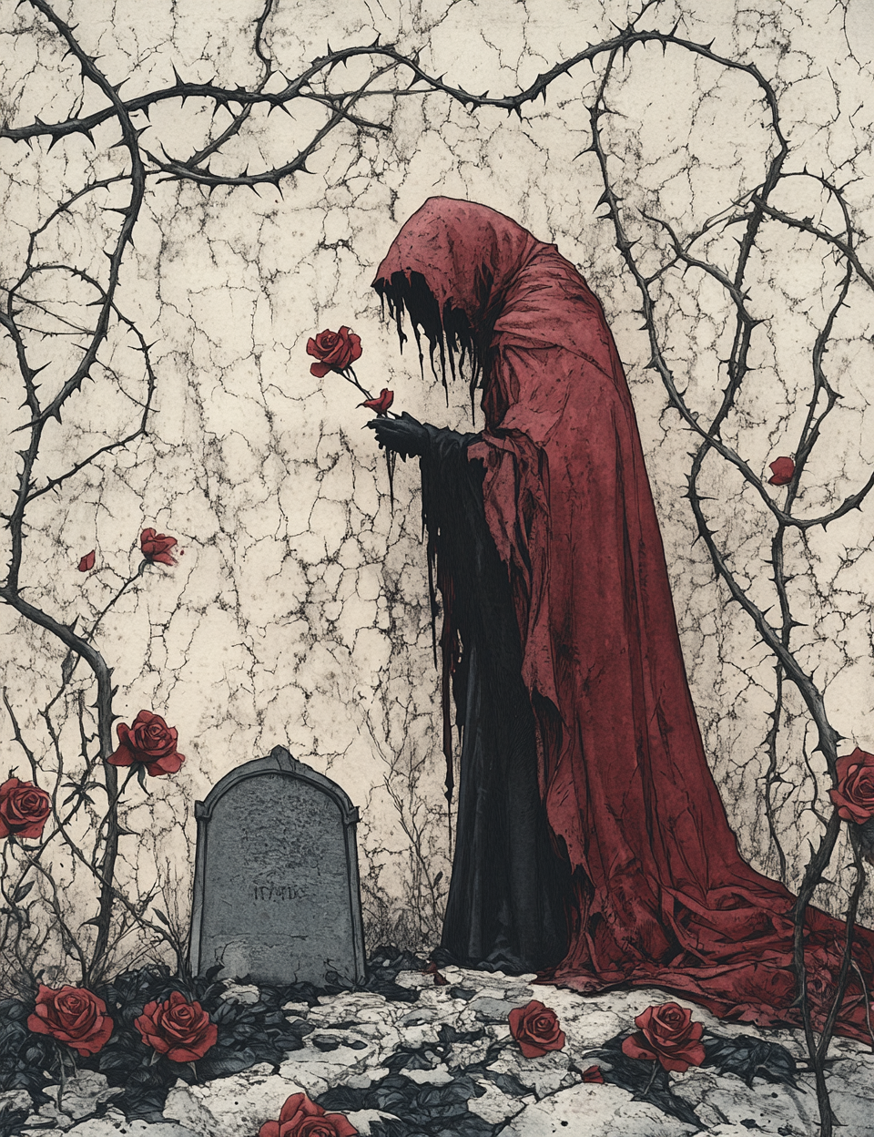 Gothic figure in a red hooded cloak holding a rose 