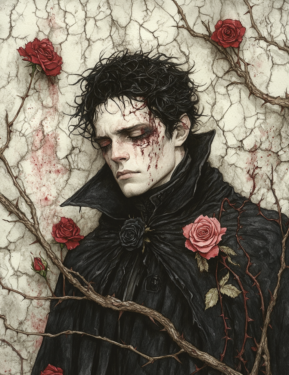 Gothic-style illustration of a person in a black cloak with red roses and barbed wire.