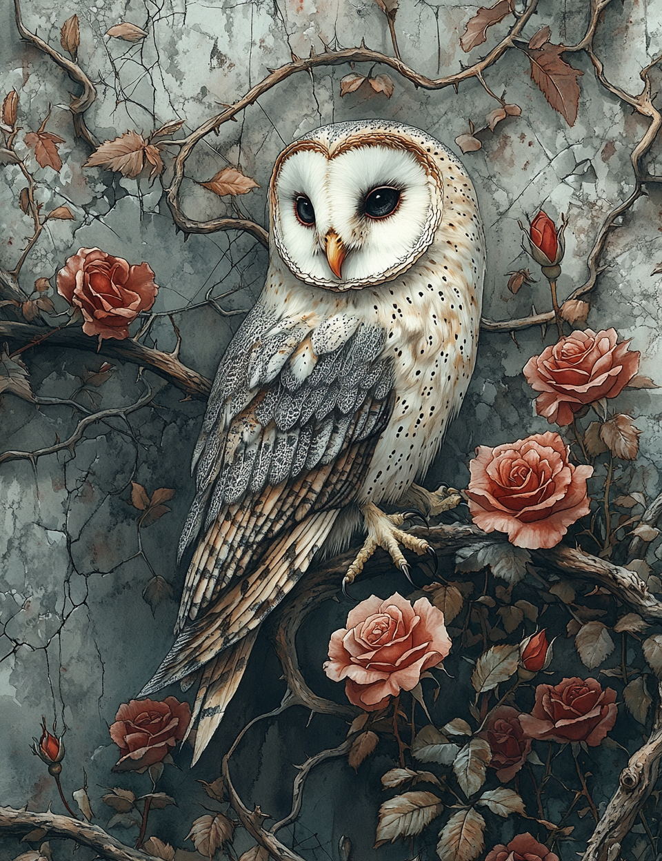Owl perched among roses and branches on a textured background