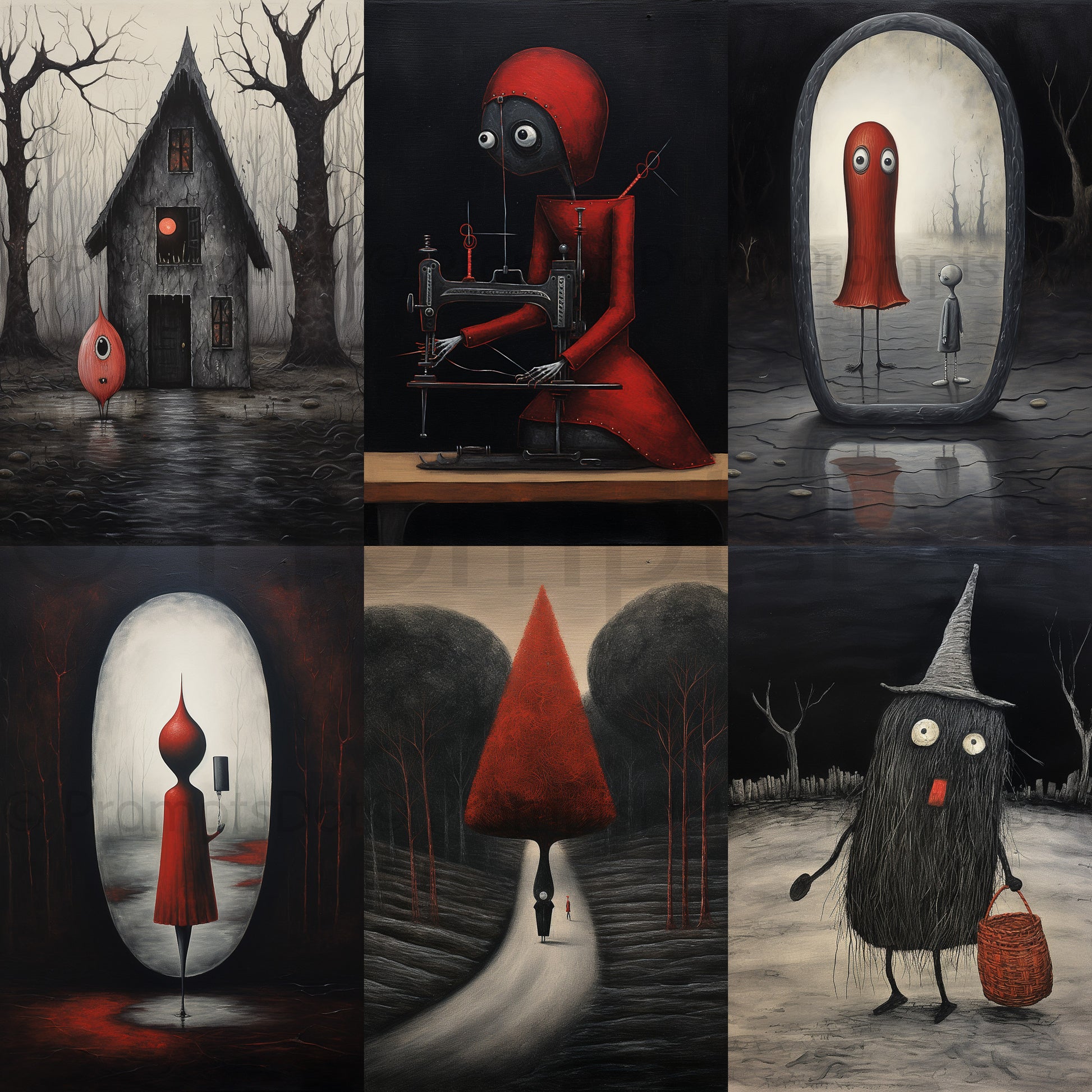 Gothic Surrealism Art Poster Postcards Midjourney Prompt Commercial Use collection of six cards red and dark gray surreal art