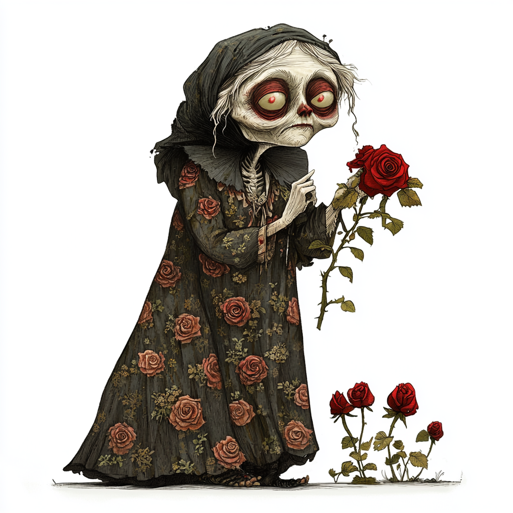 old lady in halloween holding a red rose Midjourney Guide PDF For Gothic Vintage Halloween Characters