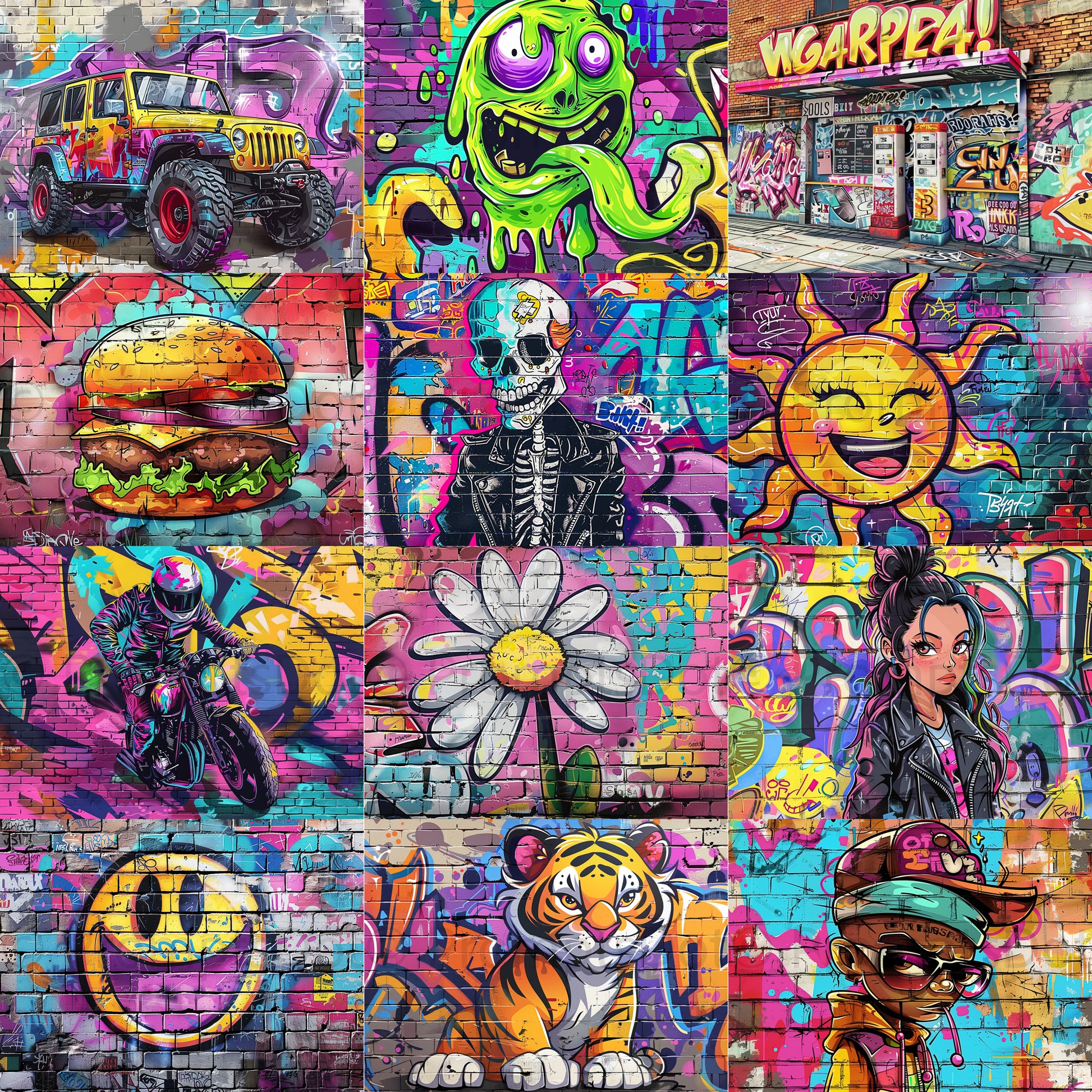 grid of images Midjourney Prompts For Graffiti Wall Art Digital Papers