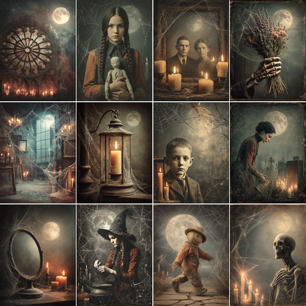 Collage of dark, atmospheric scenes with candles, a girl with braided hair, a boy, and a skeleton.