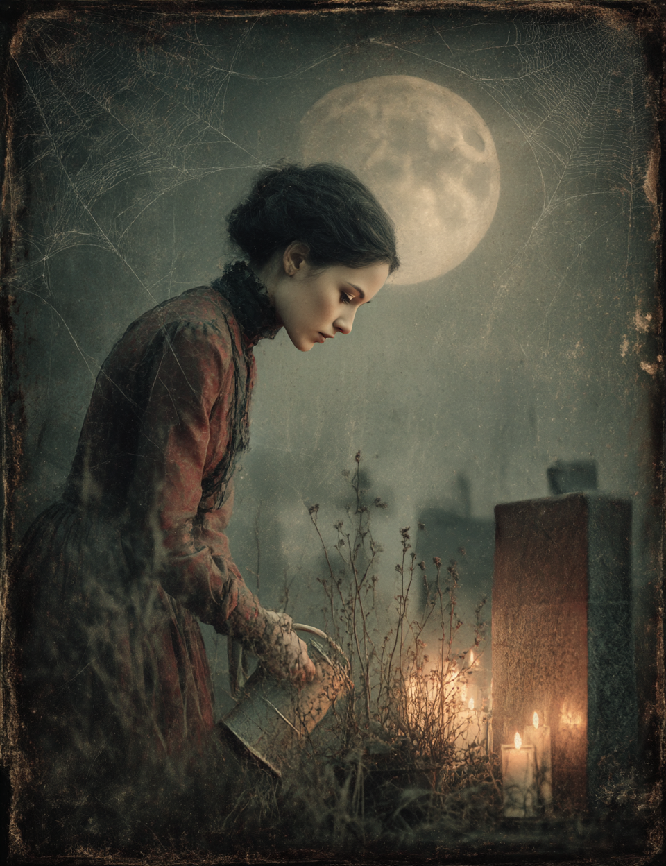Woman in a vintage dress standing in a moonlit graveyard with candles and a gravestone.
