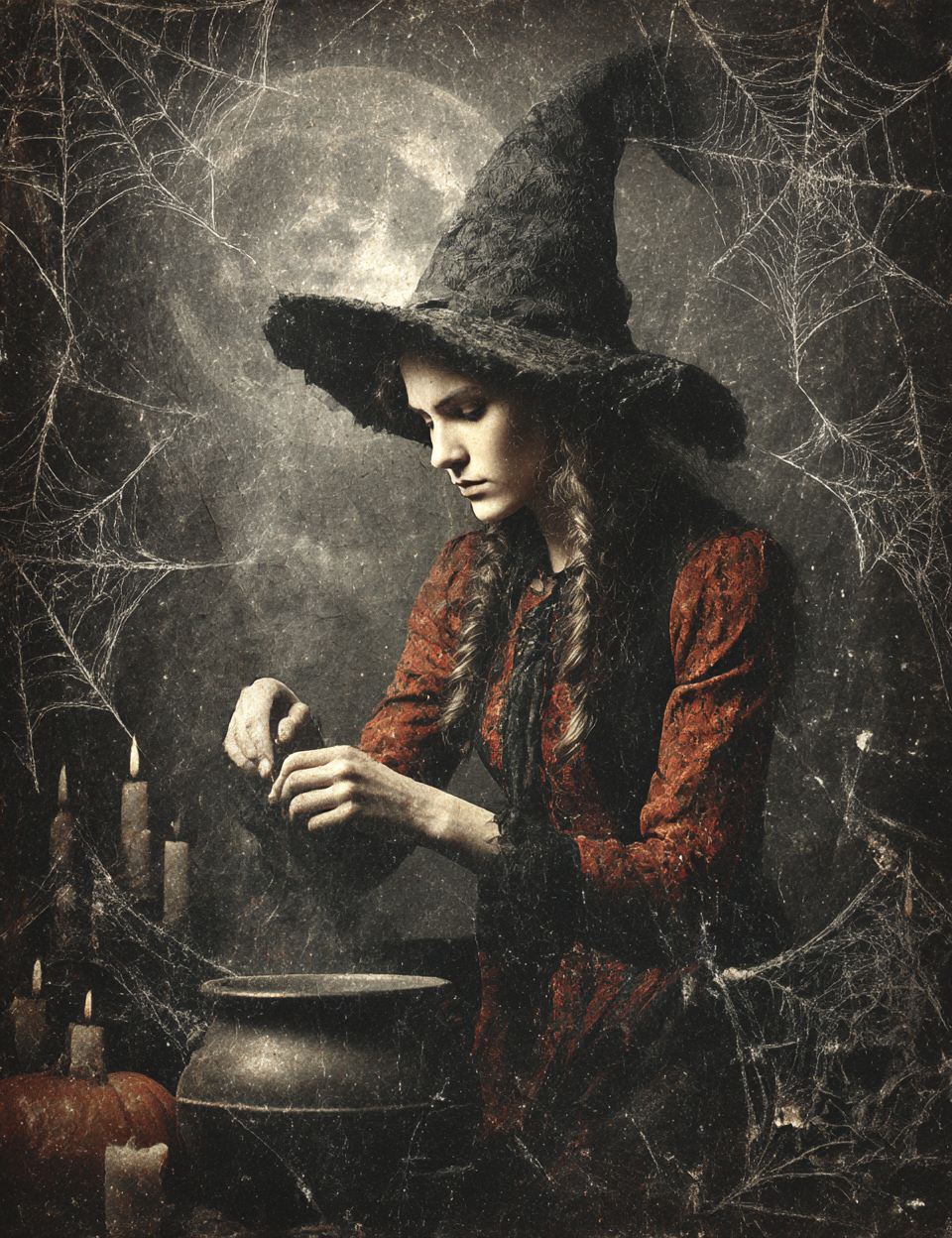 Woman in a witch costume with a hat, sitting by a cauldron with spider webs and candles in the background.