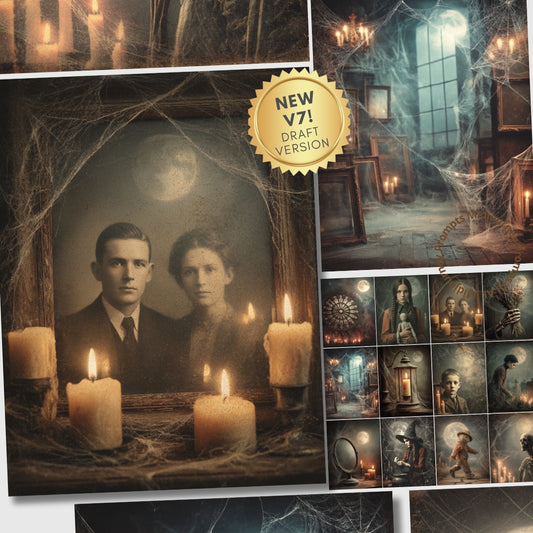 Collage of a vintage-style photo with candles and cobwebs, featuring a 'NEW V7! DRAFT VERSION' badge.