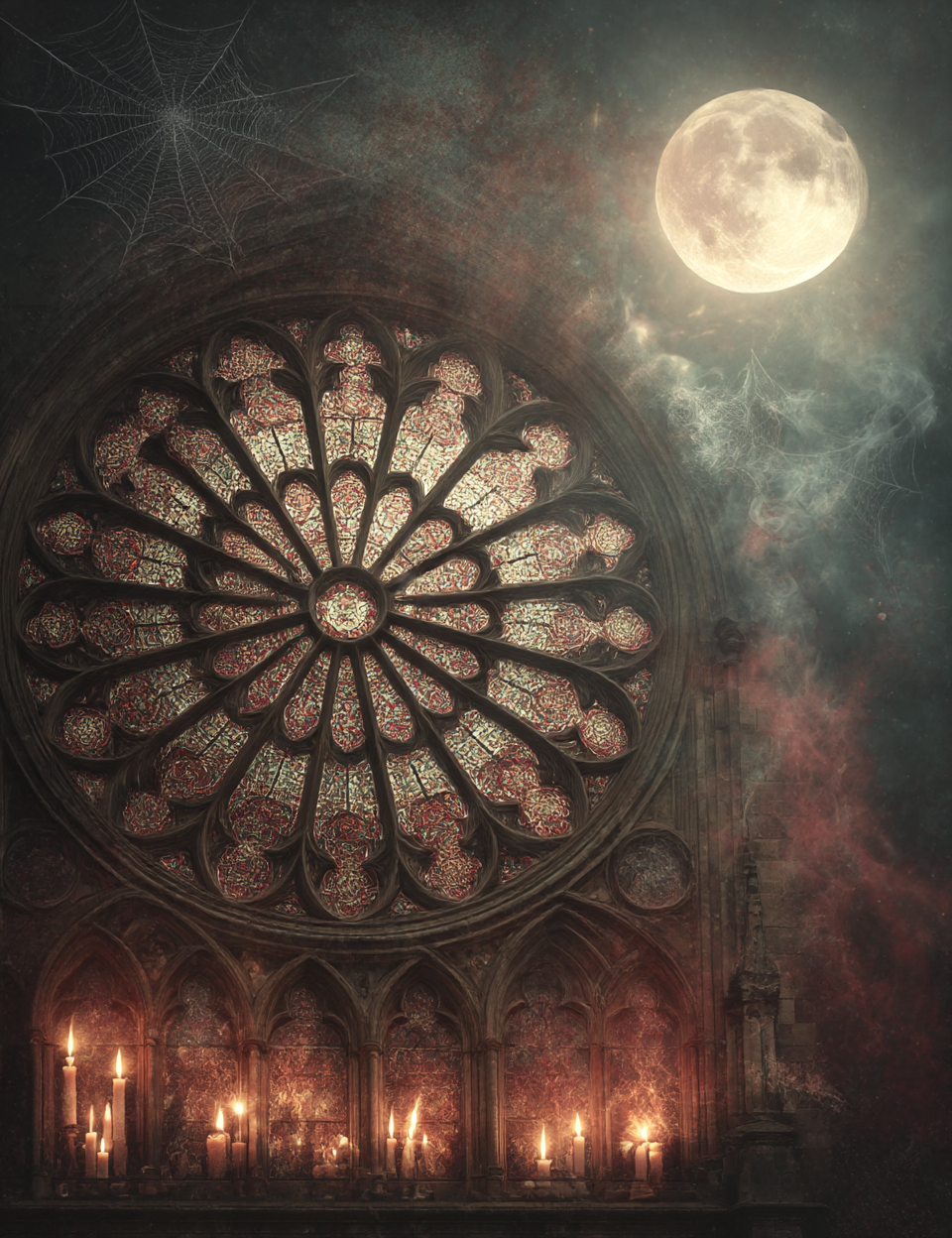 Rose window with stained glass in a cathedral setting under a moonlit sky