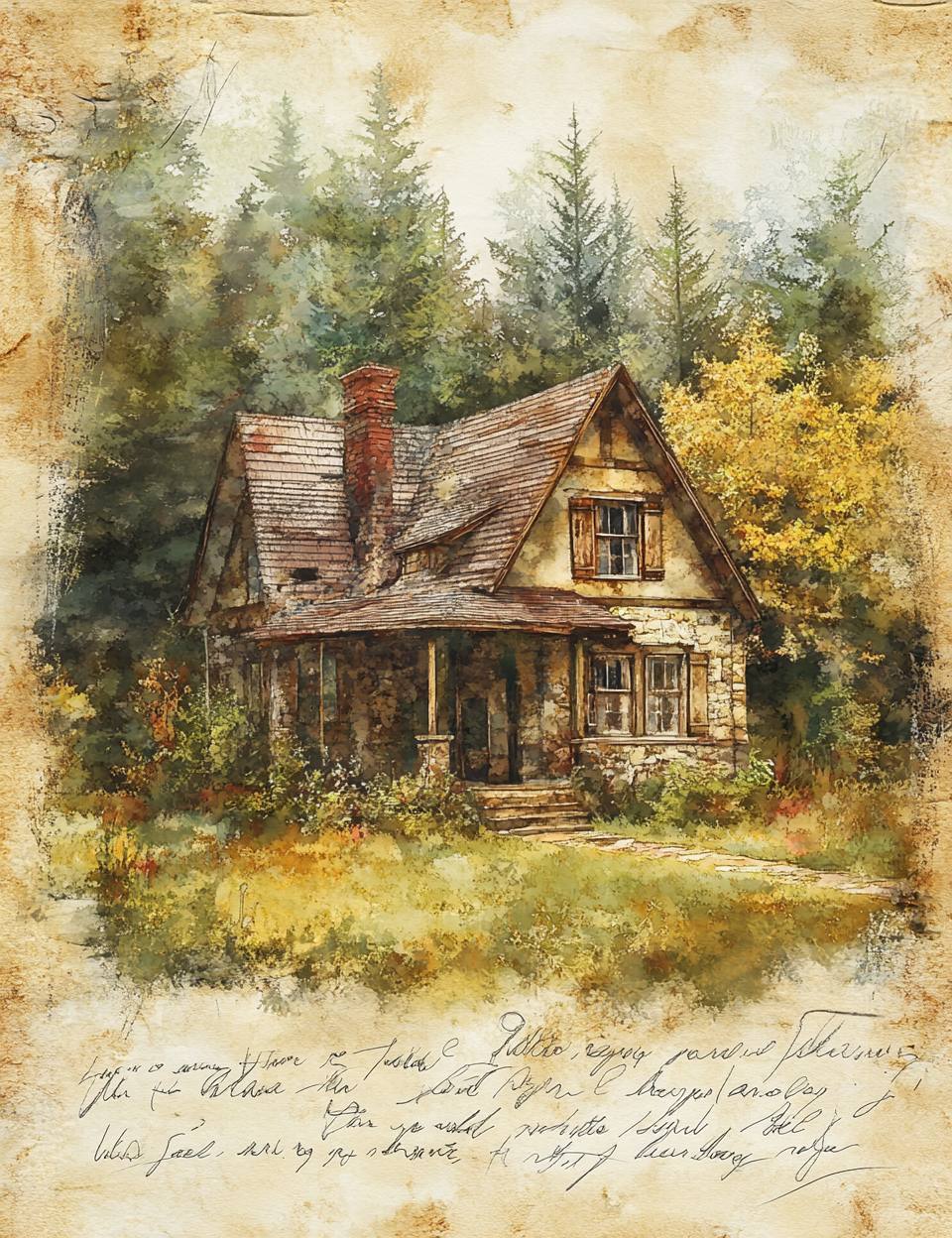 a cottage in the forest Midjourney Guide PDF for Green Woods Junk Journal Illustrations