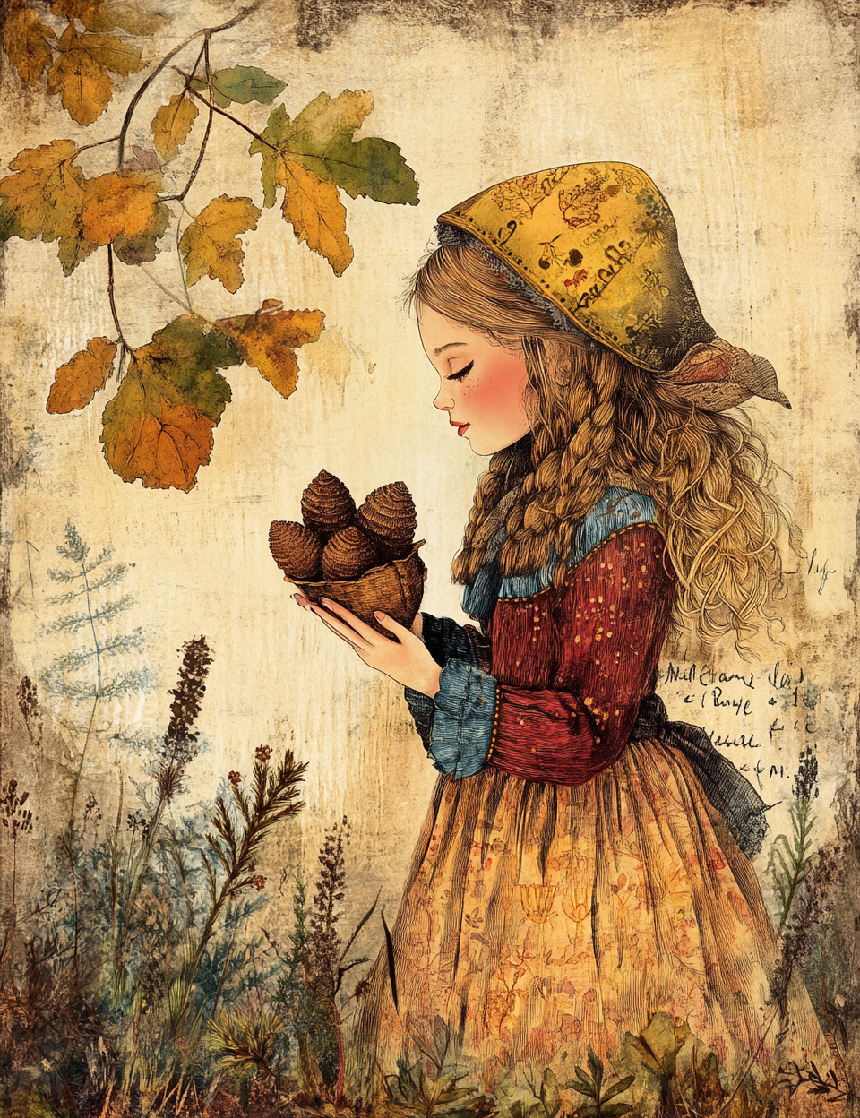 a cute princess collecting acorns Midjourney Guide PDF for Green Woods Junk Journal Illustrations