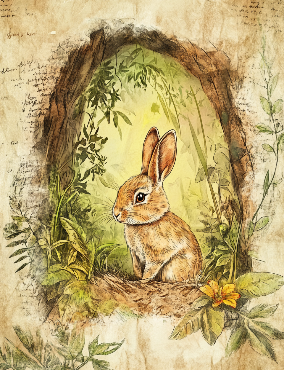 Bunny in hole Midjourney Guide PDF for Green Woods Junk Journal Illustrations