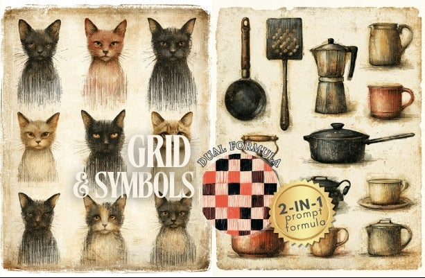 A collage-style preview sheet for a vintage-themed clipart or design bundle titled 'GRID & SYMBOLS'. The design shows multiple illustrated cats in a grid, kitchen utensils and mugs, spiral patterns, and deer artwork on aged paper backgrounds.