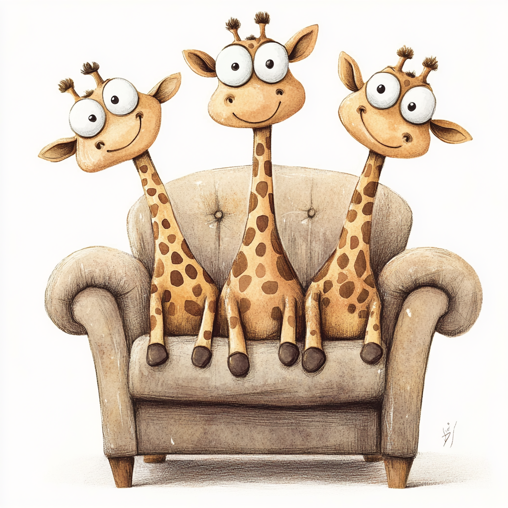 cute giraffes on a sofa Midjourney Guide PDF For Groups Of Whimsical Quirky Animals