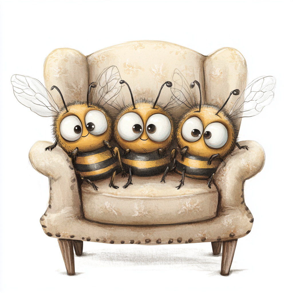 cute bees on a sofa Midjourney Guide PDF For Groups Of Whimsical Quirky Animals