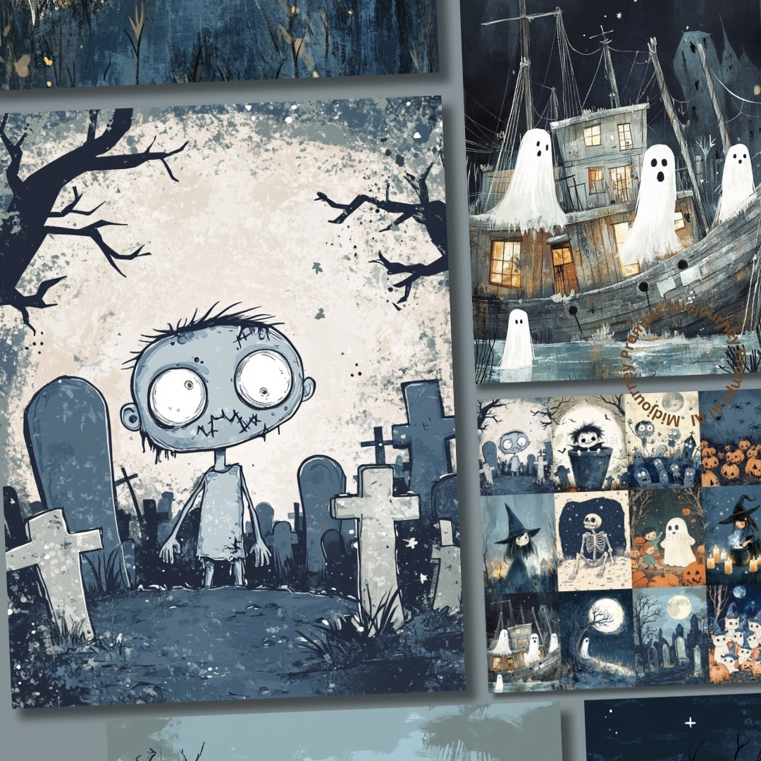 Midjourney Guide PDF for Cute Blue Halloween Scrapbooking Cards
