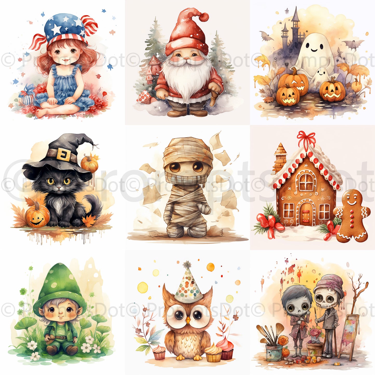 Halloween Christmas Holiday Clipart Midjourney Prompt Instant Download collection of nine holiday illustrations for kids