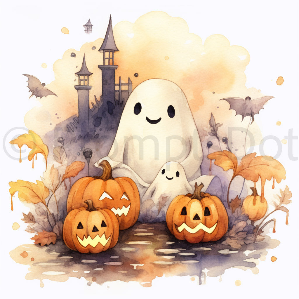 Halloween Christmas Holiday Clipart Midjourney Prompt Instant Download a cute ghost and a mini ghost with pumpkins