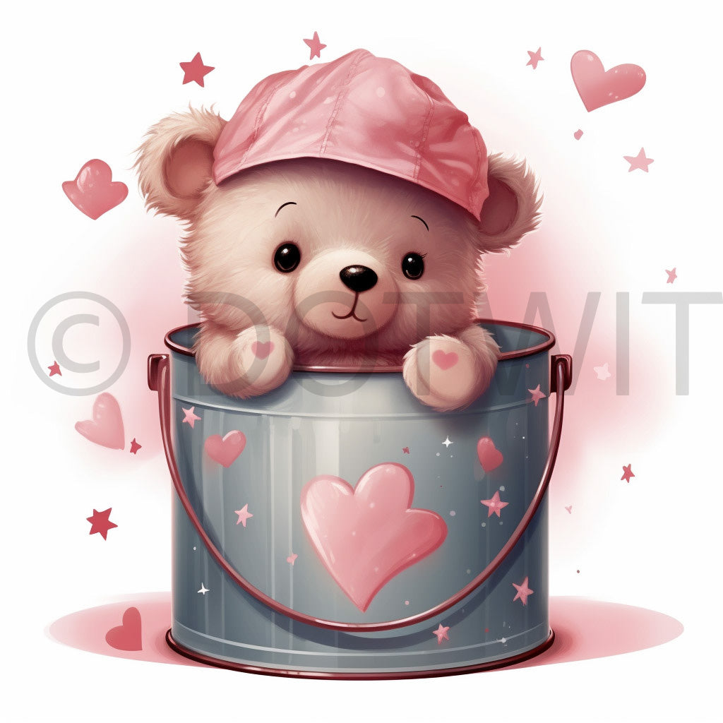 a super cute bear in a valentine's bucket Halloween Digital Watercolors Christmas Animals and Midjourney Prompt Commercial Use