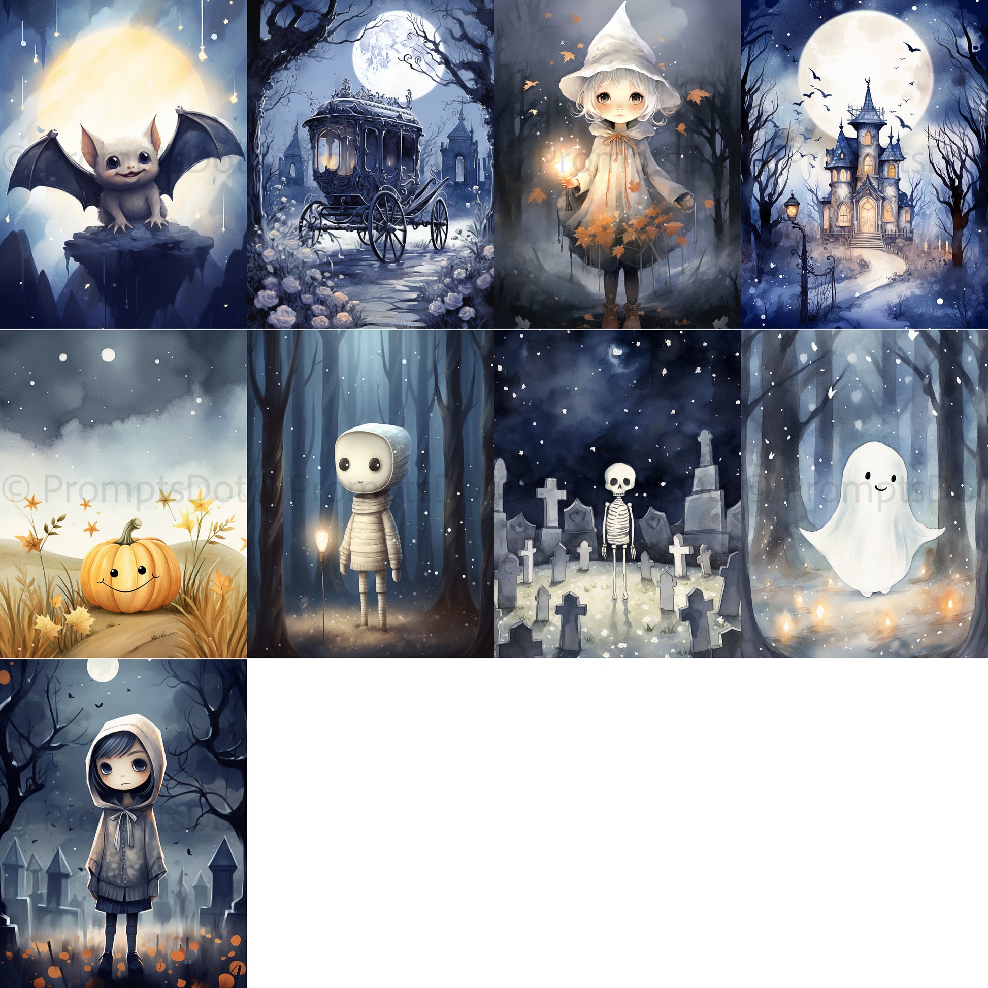 grid of nine Halloween Digital Postcards Cute Gothic Posters
