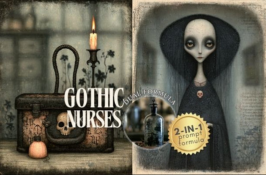 A collage-style promotional graphic for a gothic-themed digital product, featuring a pale nurse figure in a black dress, a vintage medicine chest with a skull and candle, a bottle, and gothic interior details. Large text reads 'Gothic Nurses' with a gold badge saying '2-in-1 prompt formula.