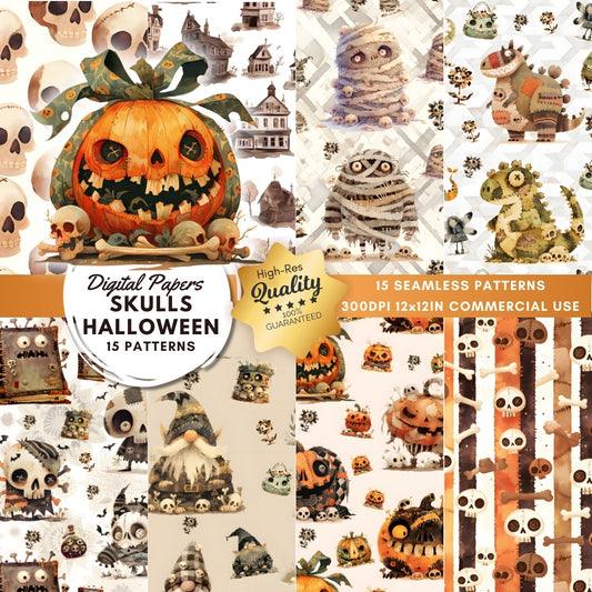 15 Cute Halloween Seamless Digital Papers - Skulls Seamless Pattern