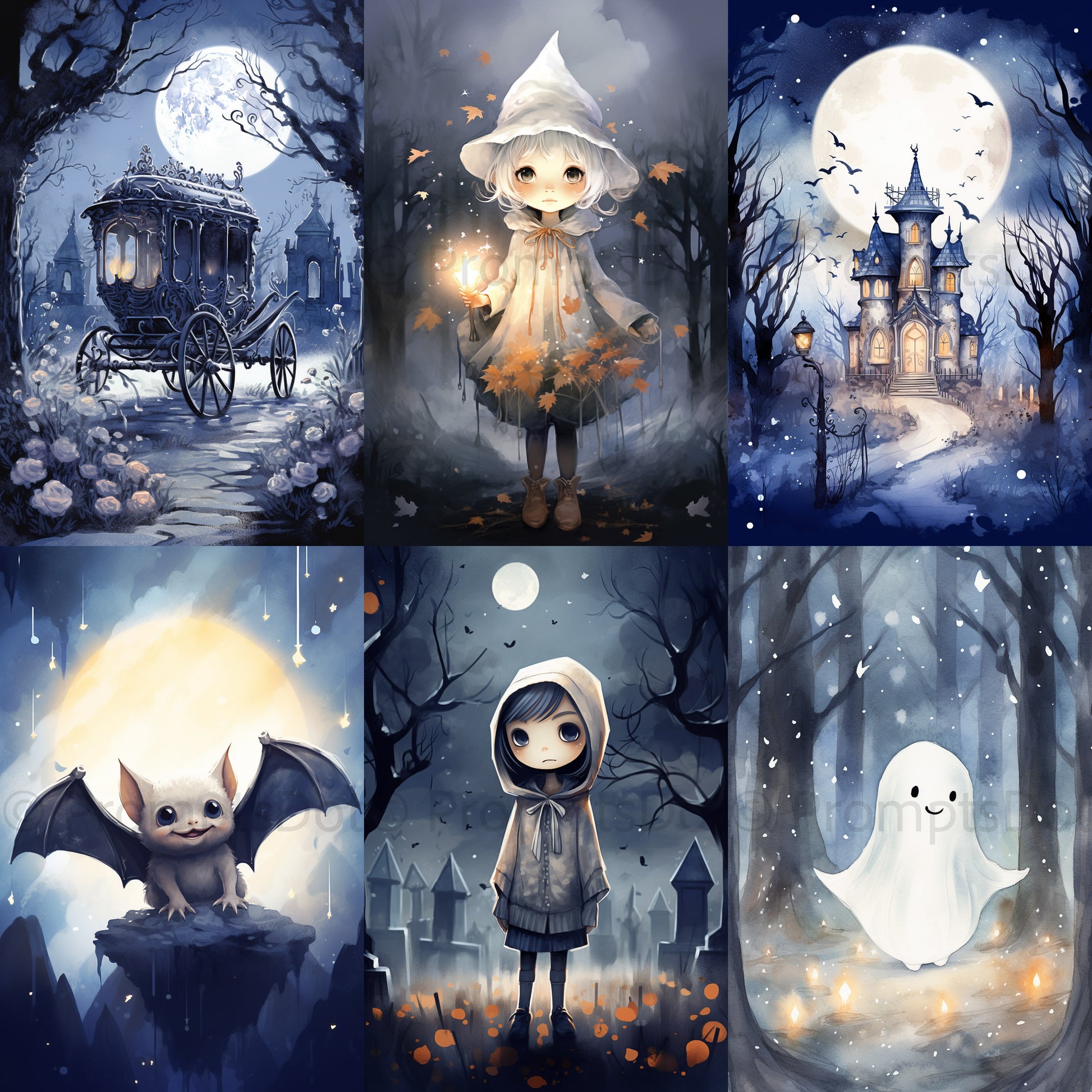 A collection of six halloween blue and yellow postcards, Midjourney Prompt Halloween Postcards Cute Gothic Posters Commercial Use