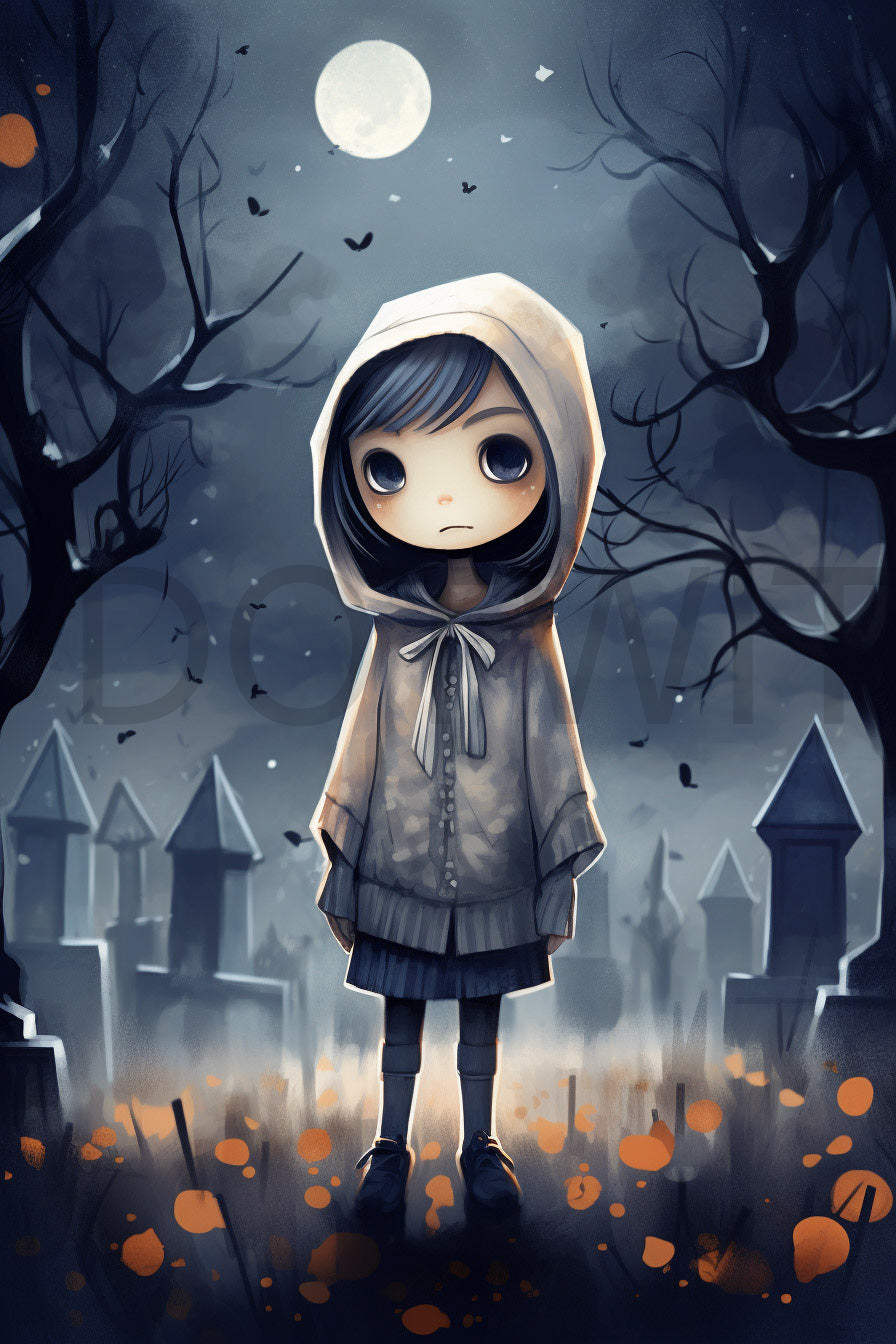 a cute halloween kid in the cemetery Halloween Digital Postcards Cute Gothic Posters and Midjourney Prompt Commercial Use
