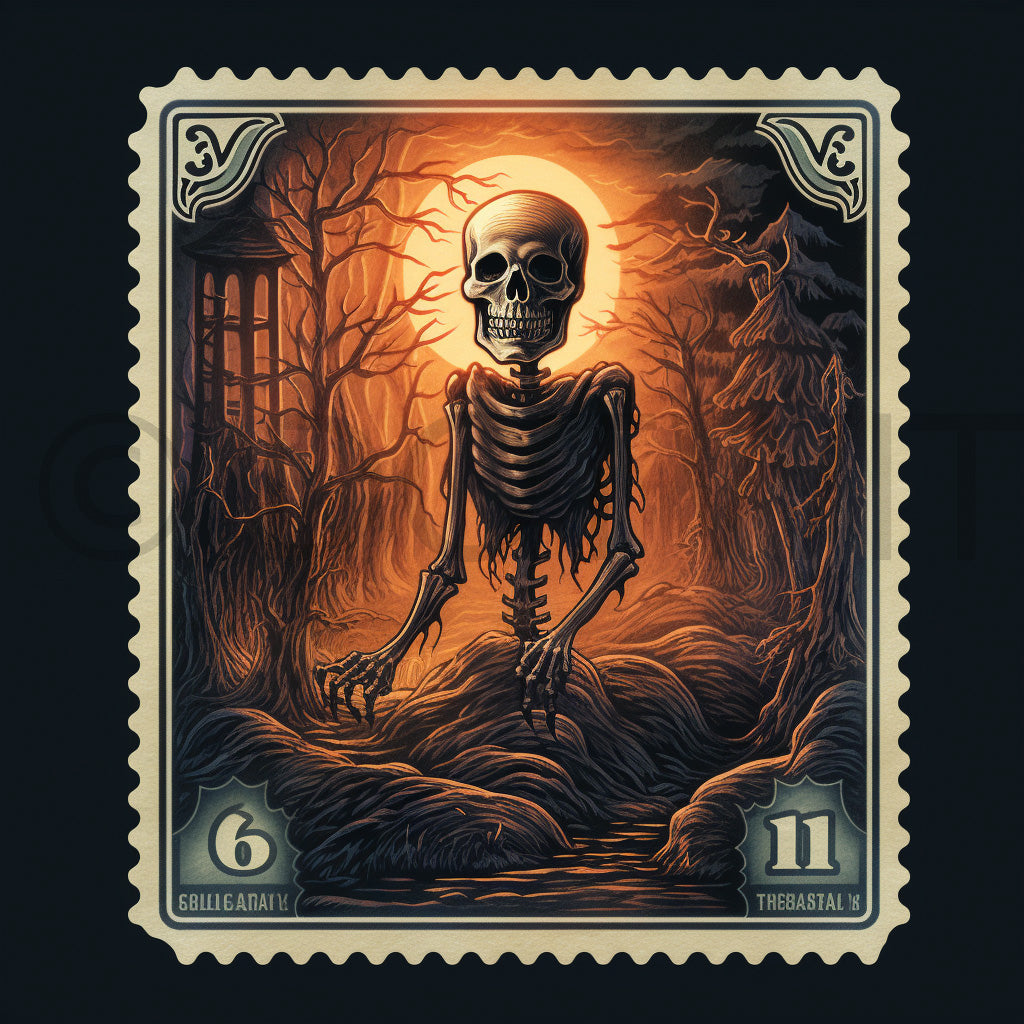 a skeleton in the night Halloween Stamps Mail Digital Art Junk Journals and Midjourney Prompt Commercial Use