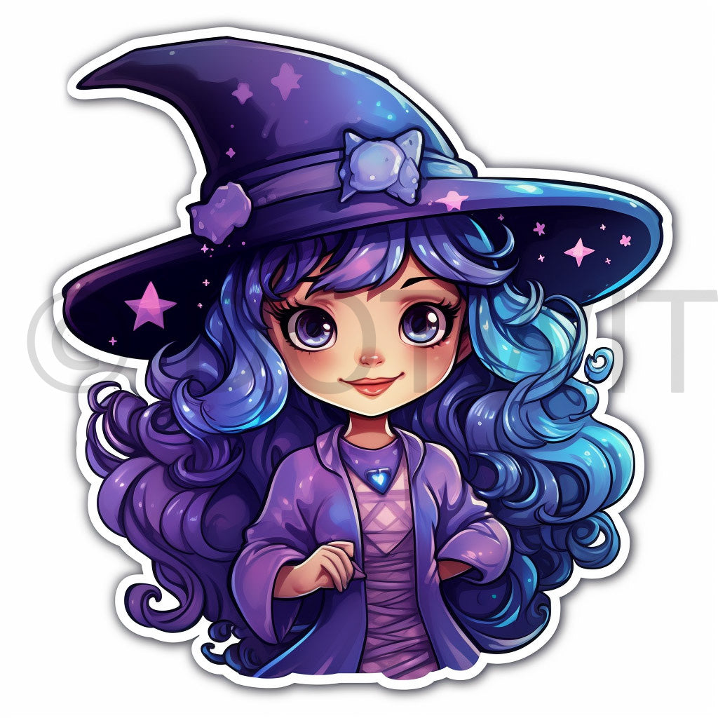 a iridescent witch with purple hair Halloween Digital Stickers Iridescent Tshirts and Midjourney Prompt Commercial Use