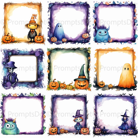Halloween Watercolor Frames Boards Cards Midjourney Prompt Commercial Use