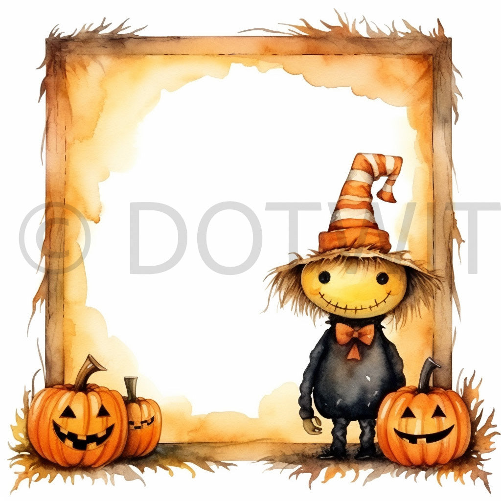 a scarecrow in a halloween frame Halloween Watercolor Frames Boards Digital Cards and Midjourney Prompt Commercial Use