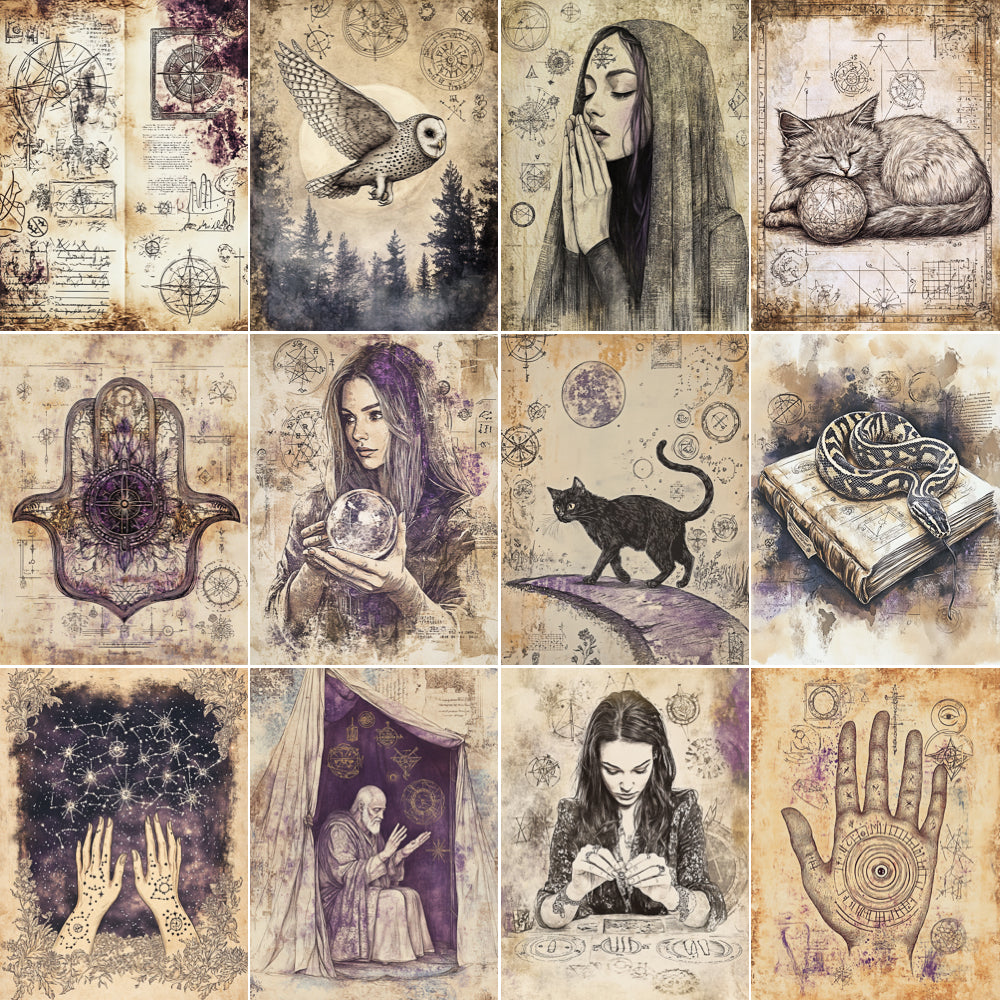 Collage of vintage-style illustrations featuring mystical and esoteric themes.