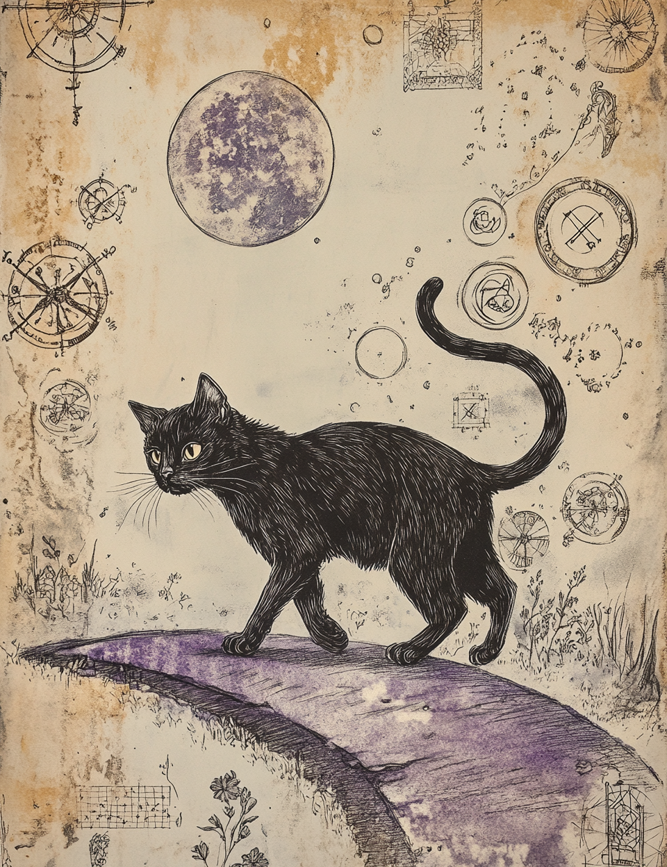 Black cat on a purple rock with celestial designs in the background