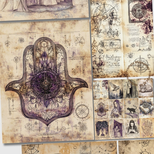 Vintage-style collage with Hamsa hand, compasses, and other mystical symbols on a textured background.