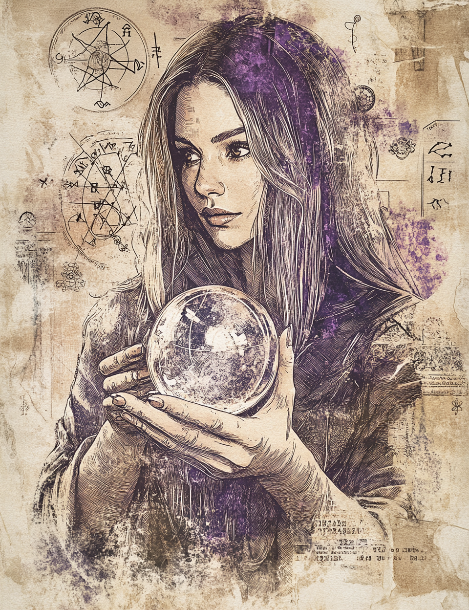 Artistic illustration of a woman holding a crystal ball with mystical symbols in the background
