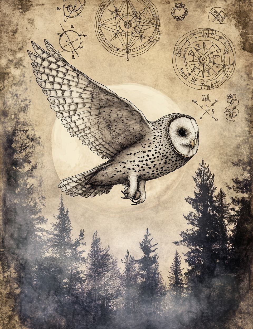 Illustration of an owl flying over a forest with celestial symbols in the background