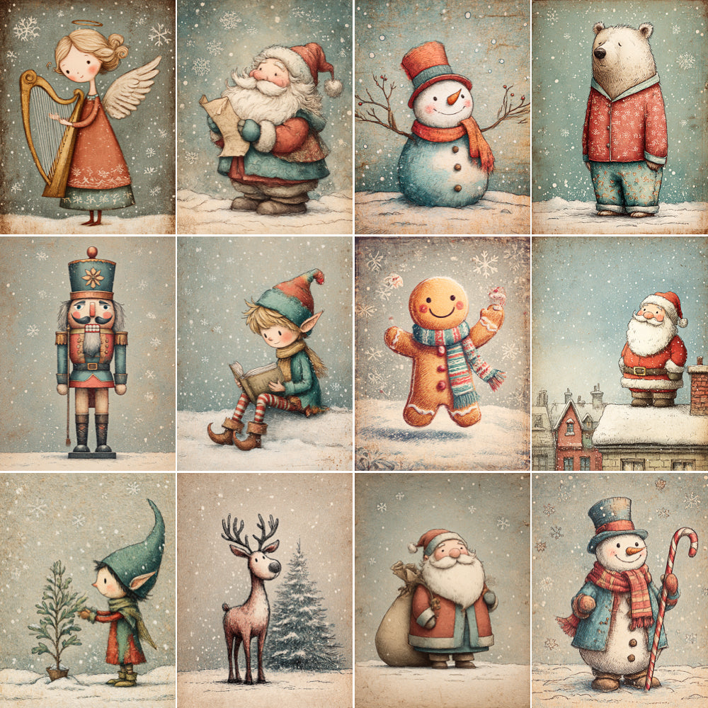 Collage of Christmas-themed illustrations featuring various characters in a snowy landscape.