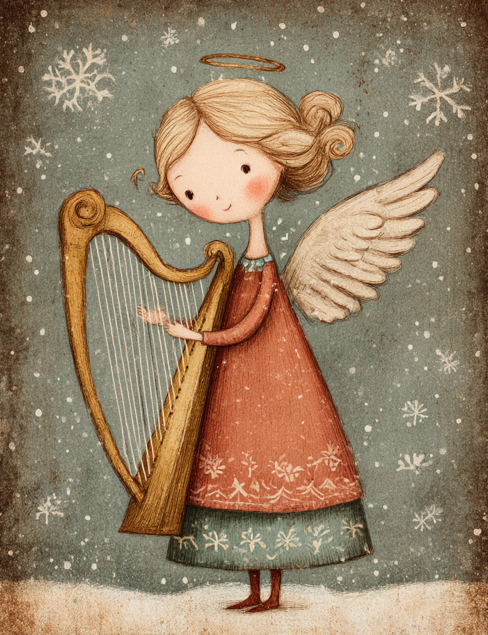 Illustration of an angel holding a harp with a vintage background