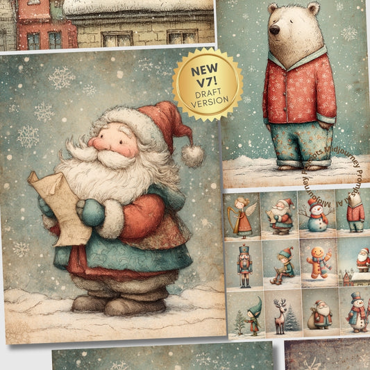 Collage of Christmas-themed illustrations including Santa Claus and winter characters on a snowy background.