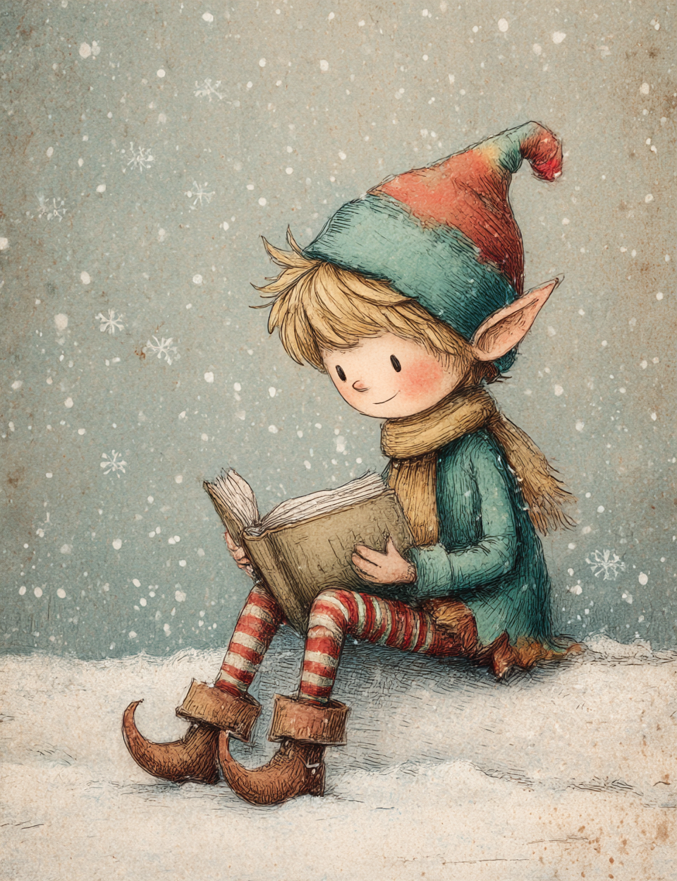 Elf reading a book in the snow