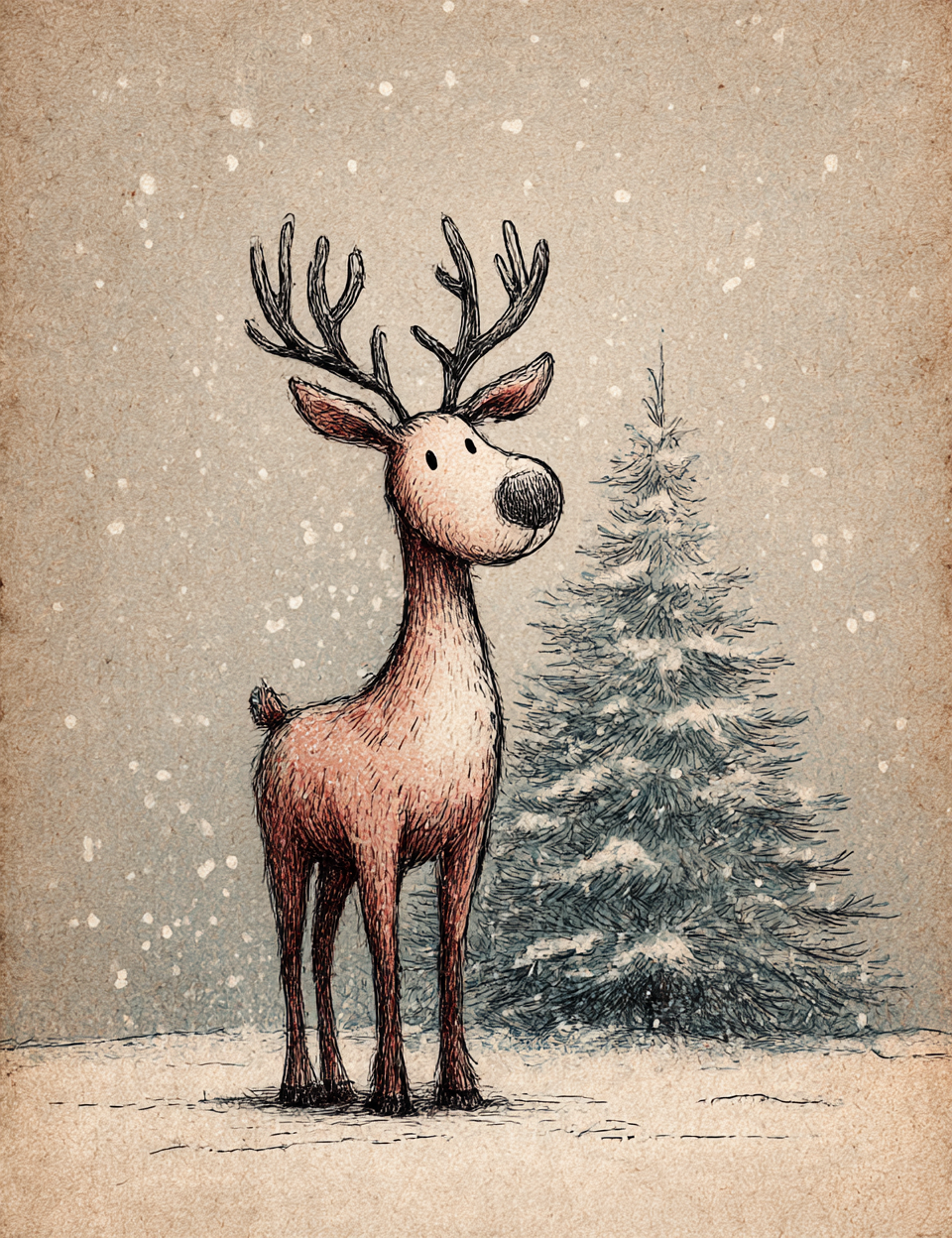 Illustration of a reindeer standing in front of a Christmas tree with a snowy background.