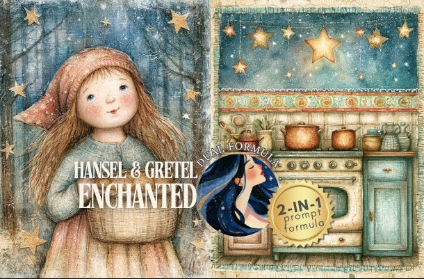 A decorative illustrated banner or cover art featuring a whimsical fairy tale scene with a girl in a pink bonnet and dress, stars, a small child, and a vintage kitchen with pots and cabinets. Large text reads 'HANSEL & GRETEL ENCHANTED' and a circular badge says '2-IN-1 prompt formula.