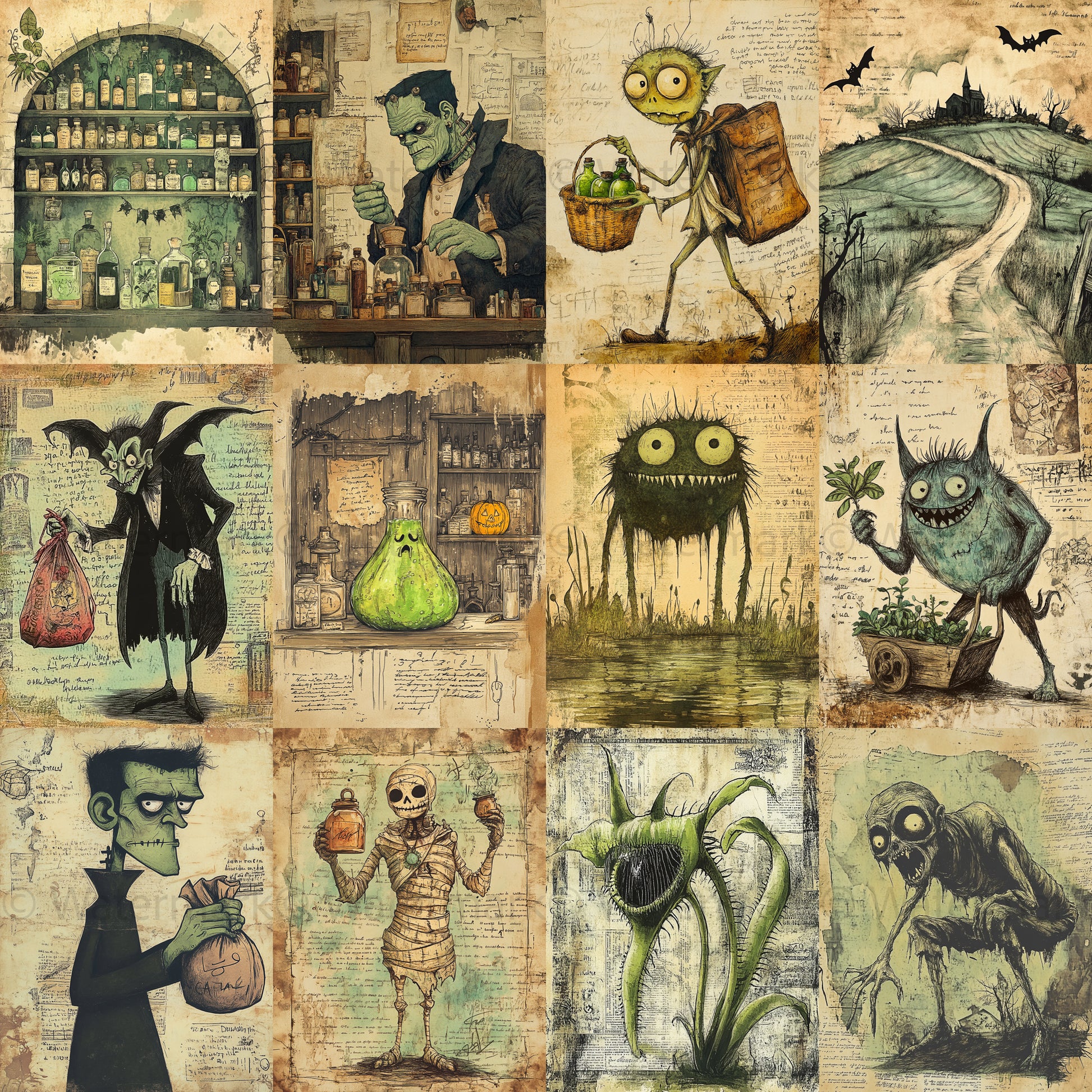 grid Midjourney Guide PDF for Haunted Apothecary Halloween Cards
