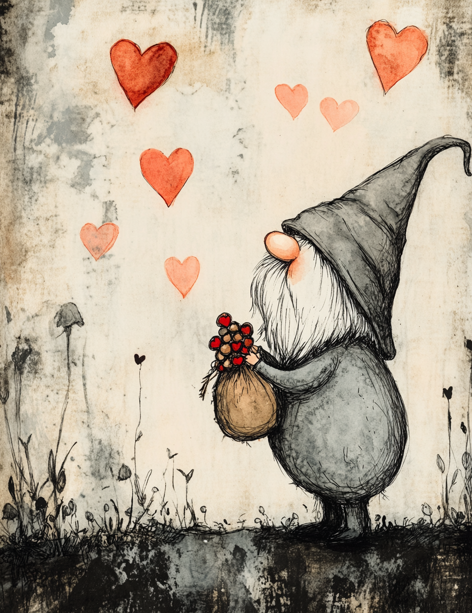 gnome holding a basket of acorns Midjourney Guide PDF for Heart Sketched Digital Papers