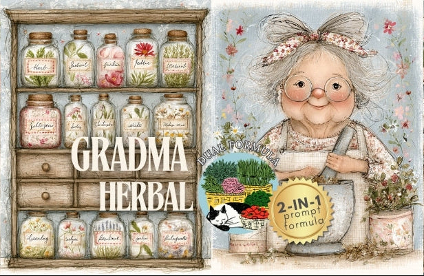 Midjourney V 8.2 Prompts for DUAL Grandmother’s Herbal Apothecary