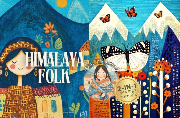 Midjourney V 6.1 Prompts for DUAL Himalaya Folk Junk Journal Collection