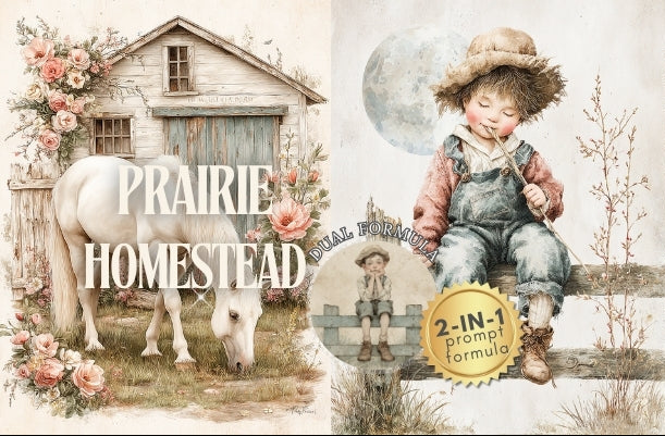 Vintage-style image with a child, horse, and rustic buildings labeled 'Prairie Homestead'.