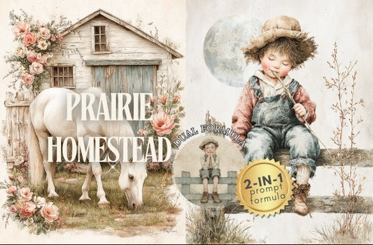 Vintage-style image with a child, horse, and rustic buildings labeled 'Prairie Homestead'.