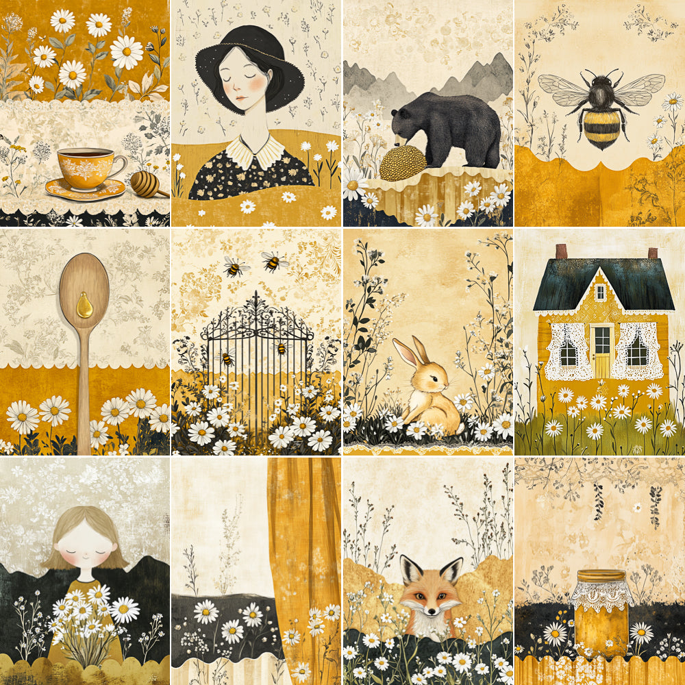 Collage of various illustrations including a girl with flowers, animals, and nature scenes.